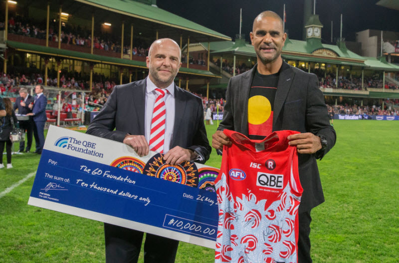 Phil White, CEO QBE LMI, and Michael O’Loughlin, Go Foundation Non-Executive Director, at the Swans’ Marn Grook match Phil